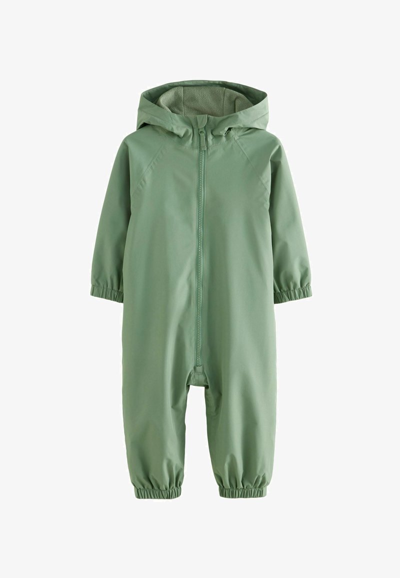 Combinaison étanche verte, une pièce, avec fermeture éclair à l'avant, capuche, poignets et ourlets de cheville élastiques. Fabriquée en tissu léger et lisse.
