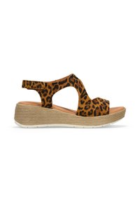 Sandalias de cuña con estampado de leopardo, parte superior de ante, punta abierta y correa ajustable en el tobillo. Suela texturizada con un detalle de diseño trenzado.