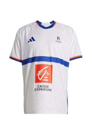 Maillot de soccer blanc à manches courtes avec des accents bleus, présentant l'emblème national de la France et un logo orange de Caisse d'Épargne.