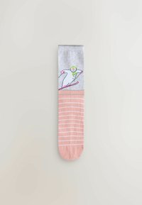 Gray sock featuring a skier snowman design with green accents. Lower portion is pink with white stripes. Soft, woven fabric.
