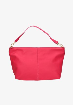 Borsa rettangolare rossa con una singola tracolla e chiusure dorate, caratterizzata da una cucitura verticale centrale e una texture liscia.