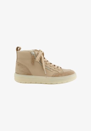Beige High-Top-Sneaker mit einem Obermaterial aus Leder und Wildlederakzenten, Schnürung vorne und Reißverschluss seitlich. Gummisohle mit strukturiertem Profil.