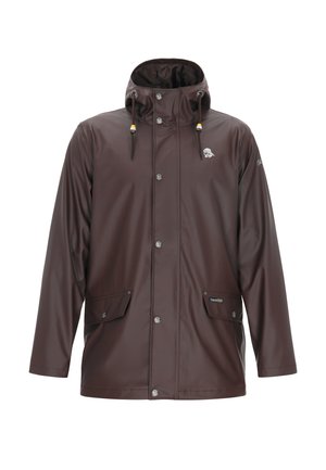 Brown waterproof hooded jacket with front snap buttons, adjustable drawstrings, and two flap pockets on the front.