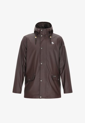 Barna vízálló kapucnis dzseki fronthornyos gombokkal, állítható húzózsinórokkal és két fedélzsebbel elöl.