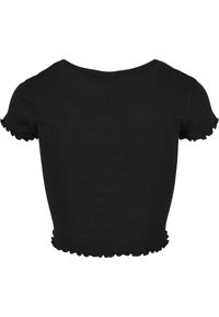 Bralette noir côtelé avec des manches courtes, présente un col rond et des bords froncés aux manches et à l'ourlet. Design simple et ajusté.
