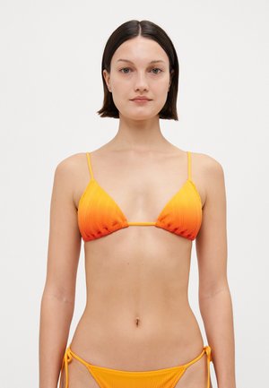 Triangle-shaped bikini in gradient orange fabric with textured stripes. Features thin adjustable straps and a tie-side bottom.