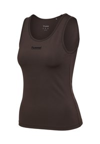 Débardeur de sport marron en tissu lisse. Présente un col rond et un design sans manches. Accentué par un logo noir à l'avant.