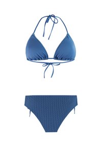 Niebieski dwuczęściowy bikini z trójkątnym topem z wiązaniem na szyję i zapięciem na supeł, oraz dopasowane teksturowane majtki z wysokim stanem.