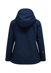 Marineblaue wasserdichte Jacke mit Kapuze, langen Ärmeln und verstellbaren Manschetten, von hinten gezeigt.