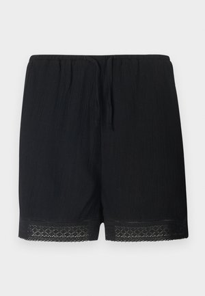 Black shorts made of textured fabric with an elastic waistband and tie, featuring a delicate lace trim at the hem.