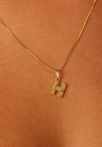 Goldkette mit einem strukturierten Buchstaben "H" Anhänger, ausgestattet mit einer dünnen Kette und einem polierten Finish, liegend auf einer hautfarbenen Oberfläche.