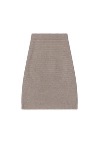 Stickad beige kjol med ett texturerat mönster, figurnära silhuett och elastisk midjeresåre. Mjukt material med längd till mitten av låret.