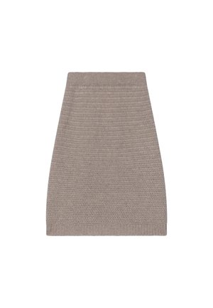 Gestrickter beiger Rock mit strukturiertem Muster, figurbetonter Silhouette und elastischem Bund. Glattes Material mit einer Länge bis zur Mitte des Oberschenkels.