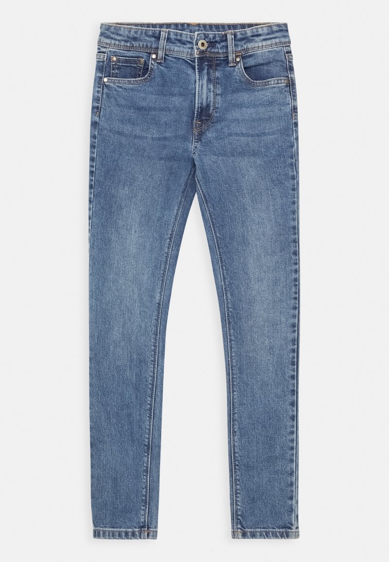 Jeans de mezclilla en azul claro con un diseño clásico de cinco bolsillos, corte recto y un desvanecimiento mínimo. Presenta un cierre frontal de botón y cremallera.