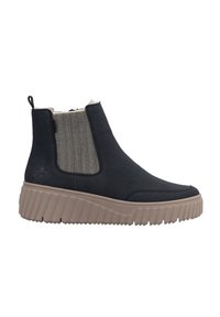 Bottines noires avec des panneaux en chevron élastiques, semelle en caoutchouc, plateforme texturée, tirette et matériau supérieur lisse.