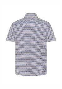 Camicetta a maniche corte con colletto, caratterizzata da un motivo geometrico blu e beige su un tessuto leggero.