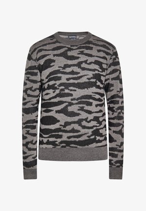 Maglione girocollo a maniche lunghe con motivo camouflage grigio e nero, con polsini e orlo a coste.