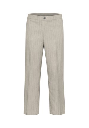 Pantaloni grigi chiari realizzati in un tessuto liscio con sottili righe verticali. Dotati di chiusura con bottone e design a gamba dritta.