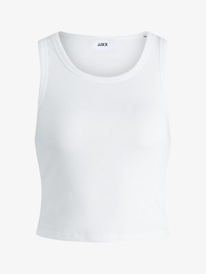 Top de tirantes blanco con canalé, con un cuello redondo, diseño sin mangas y largo corto. La etiqueta dice "JJXX". Textura de tela suave.