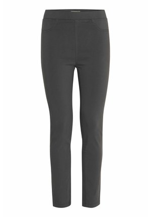 Pantalons gris foncé extensibles avec une texture lisse, une coupe fuselée et deux poches avant. Dotés d'une large ceinture élastique.