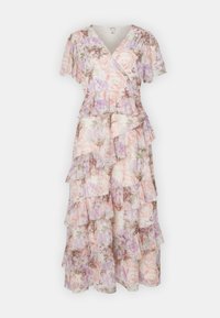 Robe portefeuille florale avec manches courtes volantées, jupe à volants superposés, motif de fleurs pastel rose, violet et vert sur fond clair.