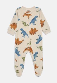 Füßlinge-Pyjamas aus weichem Stoff, mit einem cremefarbenen Hintergrund und bunten Mustern von Dinosauriern und Laub in Blau, Orange und Grün.