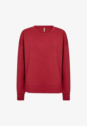 Rdeča dolgoročnega majica s kratkimi rokavi z rebrastimi manšeti in robom, prikazana na beli podlagi.