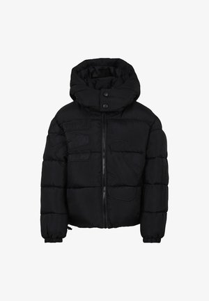 Giacca invernale nera imbottita con collo alto, zip frontale, bottoni a scatto, polsini elasticizzati e leggerezze di lettere cucite sul davanti e sulle maniche.