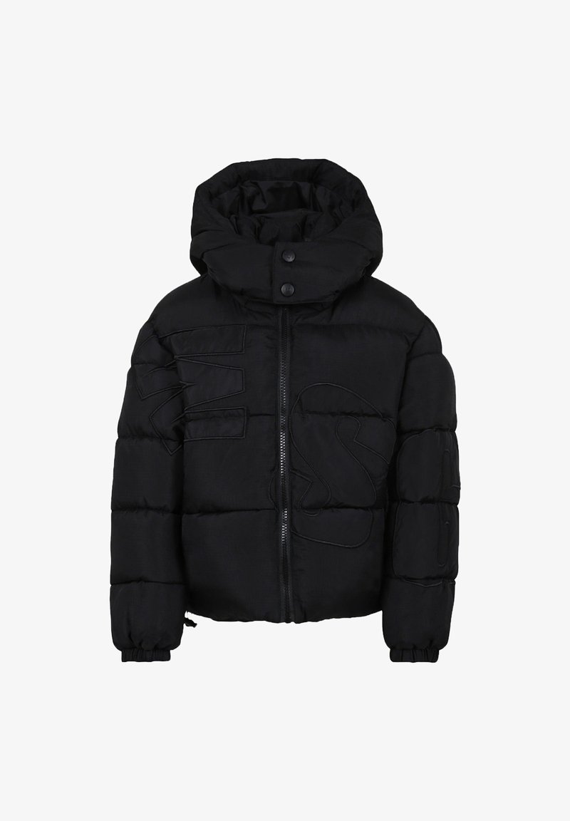 Giacca invernale nera imbottita con collo alto, zip frontale, bottoni a scatto, polsini elasticizzati e leggerezze di lettere cucite sul davanti e sulle maniche.