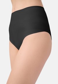 Bikini bottom nero a vita alta con una texture liscia, elastico in vita e design classico. Adatto per l'uso come costume da bagno.