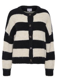 Svart och krämrandig cardigan i mjukt material, med knappstängning och rund halsringning samt avslappnad passform.