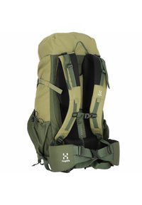 Zaino da trekking verde e verde scuro con spallacci imbottiti, cintura in vita, molteplici fibbie di regolazione e tasche laterali.