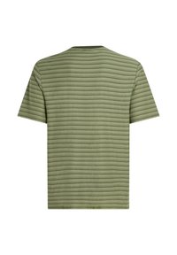 Olive green t-shirt made of soft fabric, featuring a crew neck and horizontal stripe pattern in a darker green. Short sleeves, regular fit.