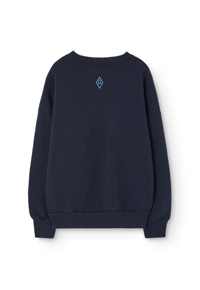 Marineblaues Sweatshirt mit Rundhalsausschnitt, lockerer Passform, gerippten Bündchen und Saum. Verfügt über ein kleines blaues Logo auf der Rückseite. Weicher Stoff mit angenehmer Textur.