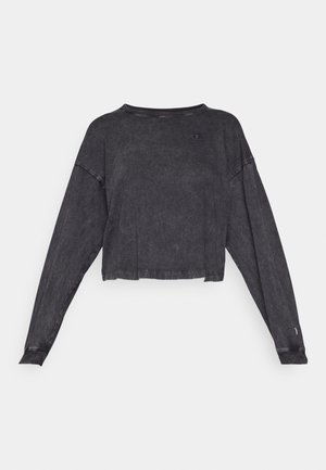 Sweatshirt noir cropped à manches longues avec une finition texturée et un col rond. Présente un petit logo sur la poitrine gauche et des poignets côtelés.
