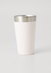 Stainless steel cup with a pink matte exterior and a shiny silver rim. Tall, cylindrical shape with a smooth texture.
