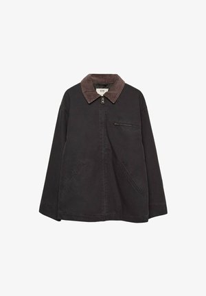 Dunkle, weiche Jacke mit einem Cordkragen, Reißverschluss, zwei Fronttaschen und einer Reißverschlusstasche auf der Brust. Hat ein entspanntes Schnittdesign.