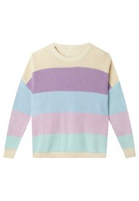 Leichter gestrickter Pullover mit horizontalen Streifen in Creme, Lavendel, Pink und Hellblau. Mit Rundhalsausschnitt und gerippten Bündchen.