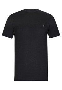 Sort bomulds T-shirt med korte ærmer, rund hals og et lille broderet logo på venstre side af brystet. Glat overflade.