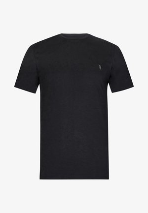 Camiseta de algodón negra con mangas cortas, cuello redondo y un pequeño logotipo bordado en el lado izquierdo del pecho. Textura suave.