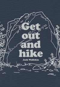 Tissu bleu marine avec un motif en contour blanc représentant un rocher et des plantes, avec le texte « Sortez et randonnez » et « Jack Wolfskin » en dessous.