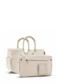 Borsa tote beige realizzata in materiale morbido e strutturato, dotata di due manici arrotondati. Include un piccolo astuccio piatto con zip e una tasca esterna.