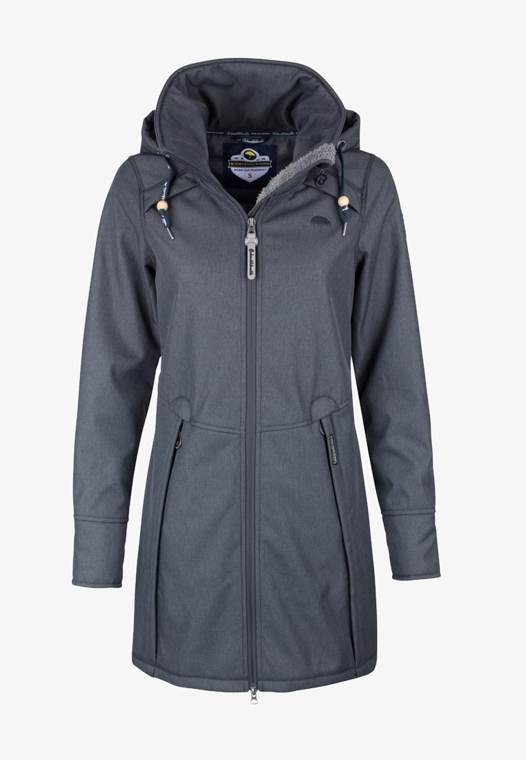 Gray waterproof jacket with a hood, smooth exterior, two side zip pockets, adjustable drawstring, and soft lining. Features a front zipper closure.