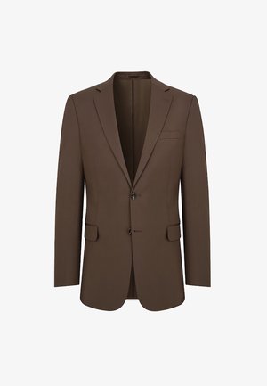 Brązowy żakiet wykonany z teksturowanej tkaniny, z pojedynczym zapięciem na guzik, klapami i dwoma przednimi kieszeniami oraz kieszenią na piersi dla detalu.