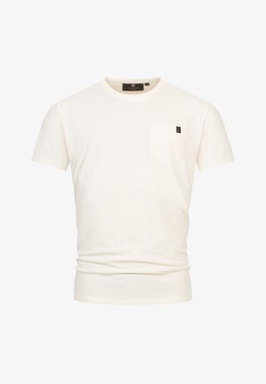 White cotton t-shirt with a round neckline, short sleeves, and a chest pocket. Subtle texture and a small branded label on the pocket.