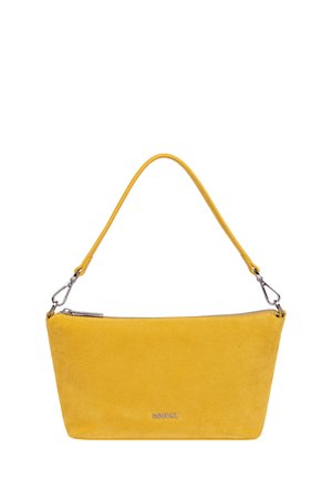 Yellow suede handbag with silver zipper and detachable strap, small Roeckl logo on front center.