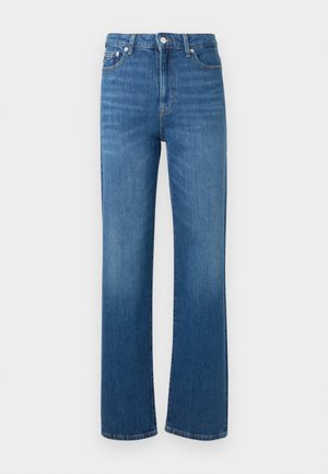 Blugi din denim albastru, cu croială dreptă, talie înaltă, stil cu cinci buzunare și decolorare subtilă; finisat cu nasture metalic și fermoar.