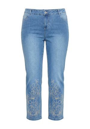 Jasnoniebieskie jeansy z denimu z przednimi kieszeniami i kwiatowym haftem na dolnej części nogawek, prosty krój i zapięcie na guziki.