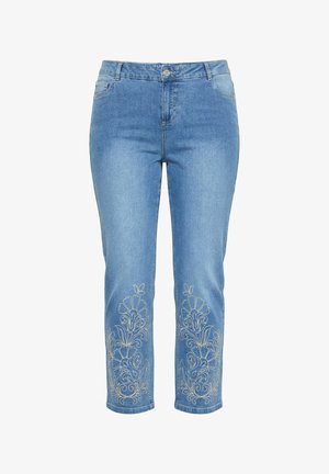 Jasnoniebieskie jeansy z denimu z przednimi kieszeniami i kwiatowym haftem na dolnej części nogawek, prosty krój i zapięcie na guziki.