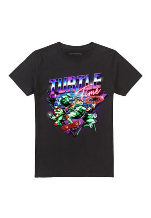 Black cotton t-shirt featuring a colorful graphic of turtles in action, with the text "TURTLE Time" in bold, neon-style lettering.